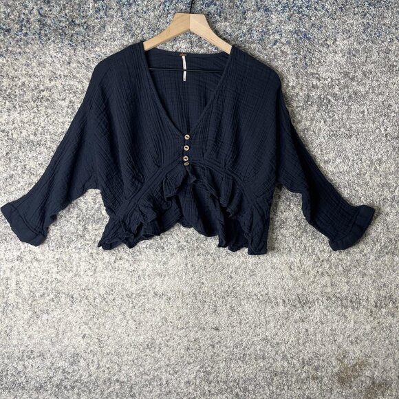 Free People Sweater Womens Extra Small Black Cropped Cotton Button Up Boho Top - Picture 1 of 6